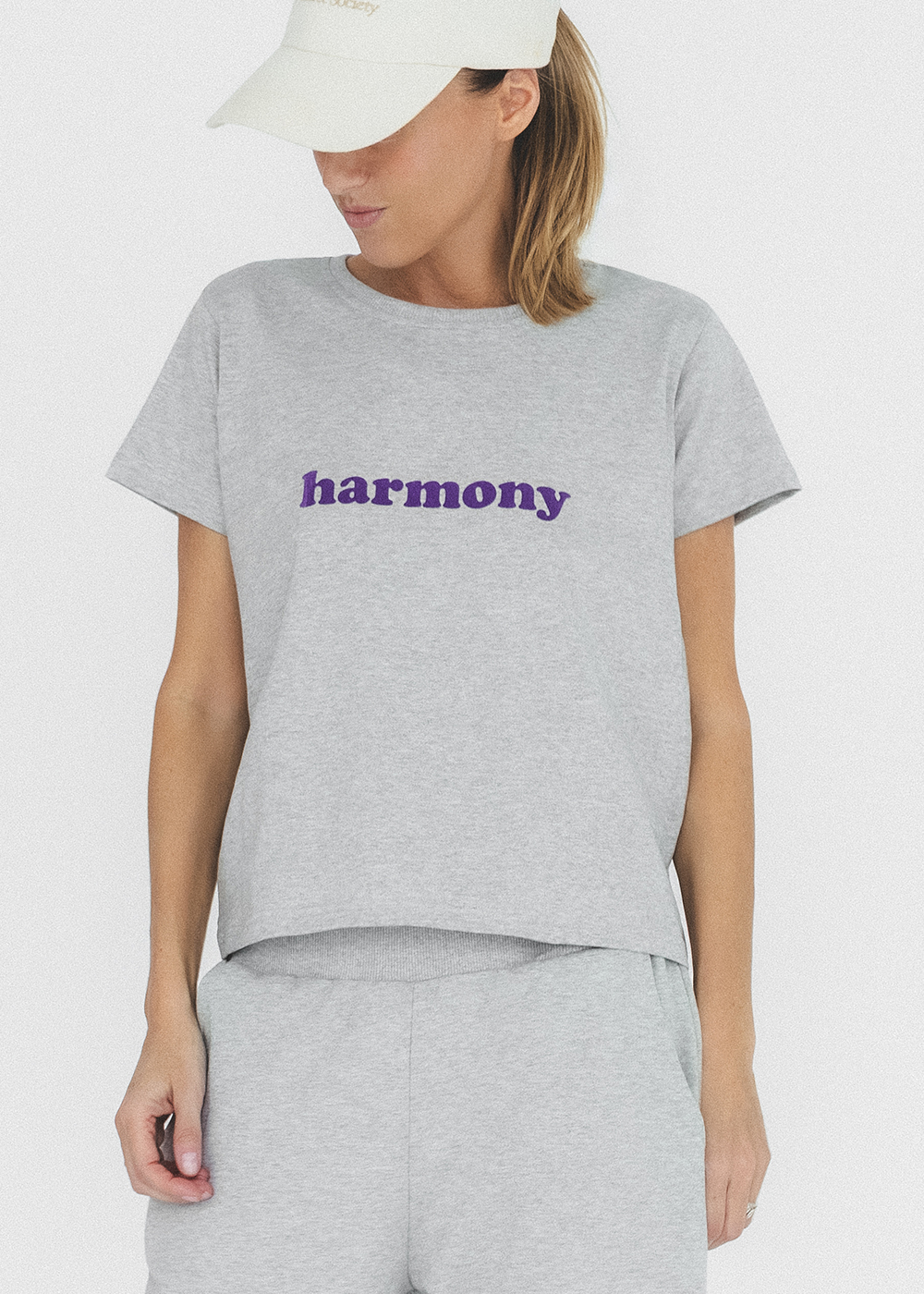 szary t-shirt melange, melanżowy, damski, z nadrukiem harmony, sportowy , by the moon