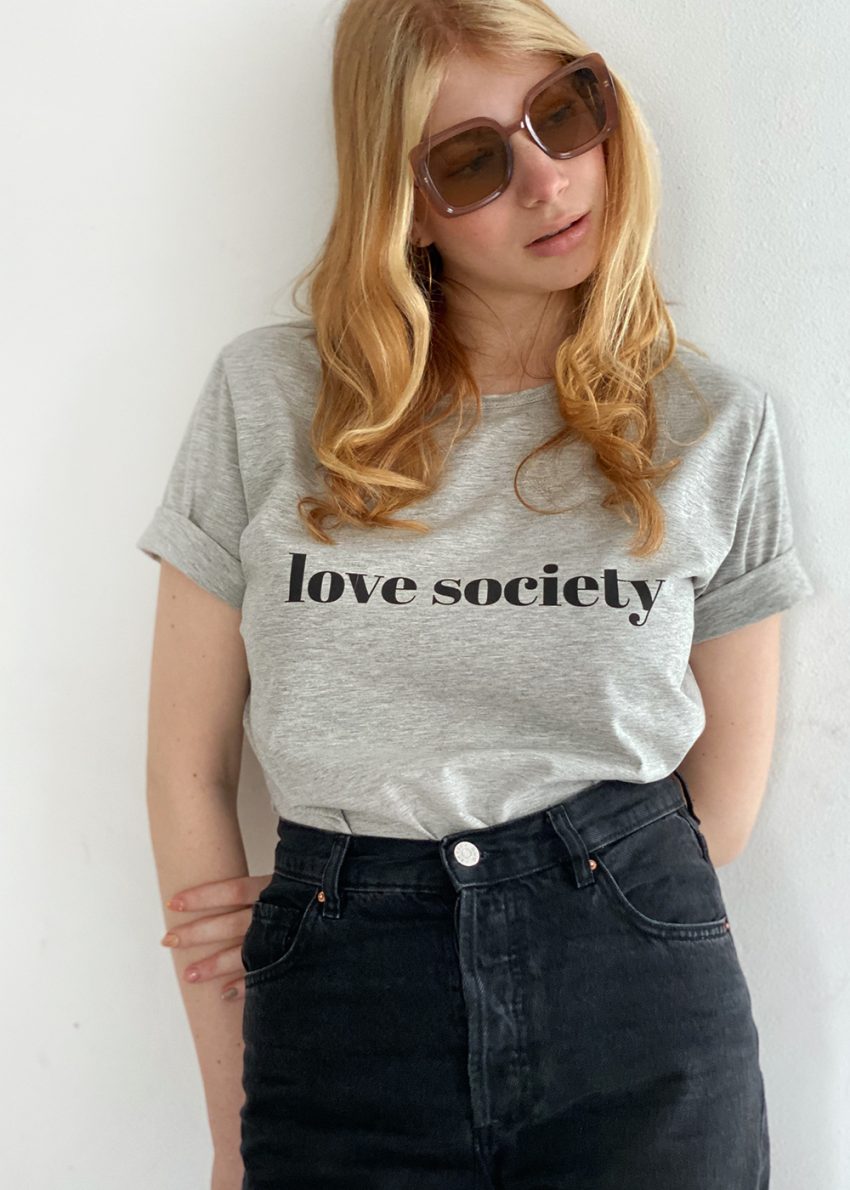 koszulka damska szary melange, bawełniana, t-shirt damski bawełniany, szary melange z nadrukiem love society