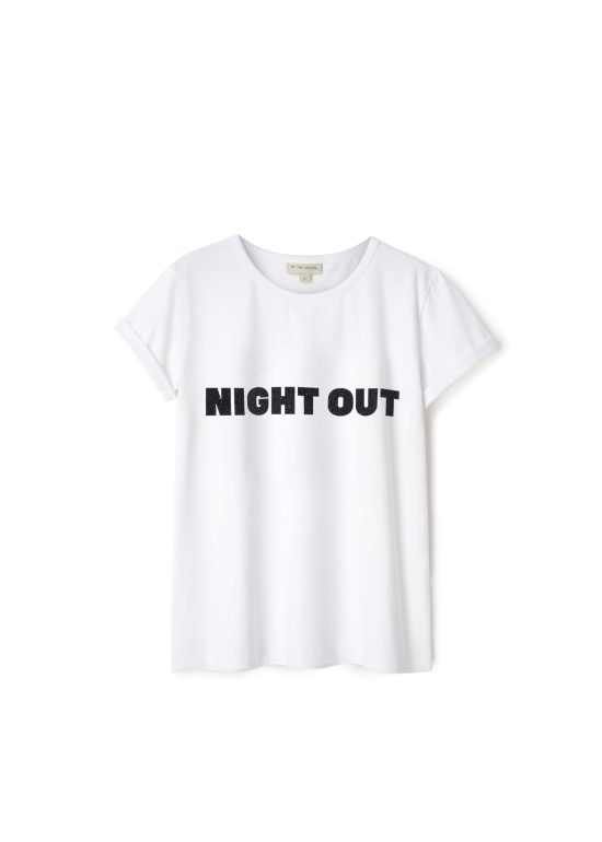 biały t-shirt z błyszczącym nadrukiem, napisem night out, na imprezę, koszulka damska,