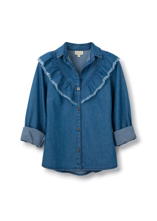 koszula z jeansu, jeansowa, dżinsowa, denimowa, z denimu, damska, z długim rękawem z falbanami