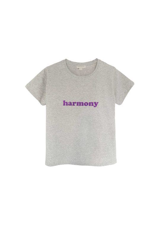 szary melanżowy t-shirt damski, melange, z nadrukiem harmony, bawełna, polska marka by the moon, na weekend, balans