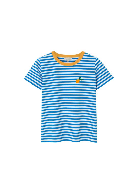 damska koszulka, damski t-shirt w niebieskie paseczki, paski błekitne z nadrukiem cytryny, cytrynki, bawełna, bawełniany, polska marka by the moon