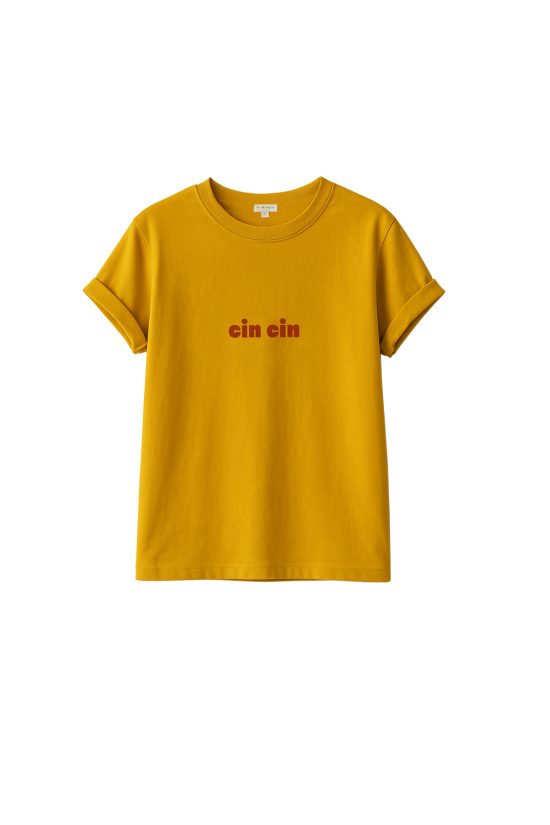 damski t-shirt,żółty, koszulka żółta, z nadrukiem, napisem cin cin, na lato, mango, polska marka by the moon