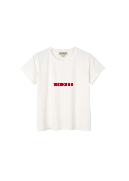 biały, damski t-shirt, koszulka damska z nadrukiem weekend, fit slim, polska marka, bawełna