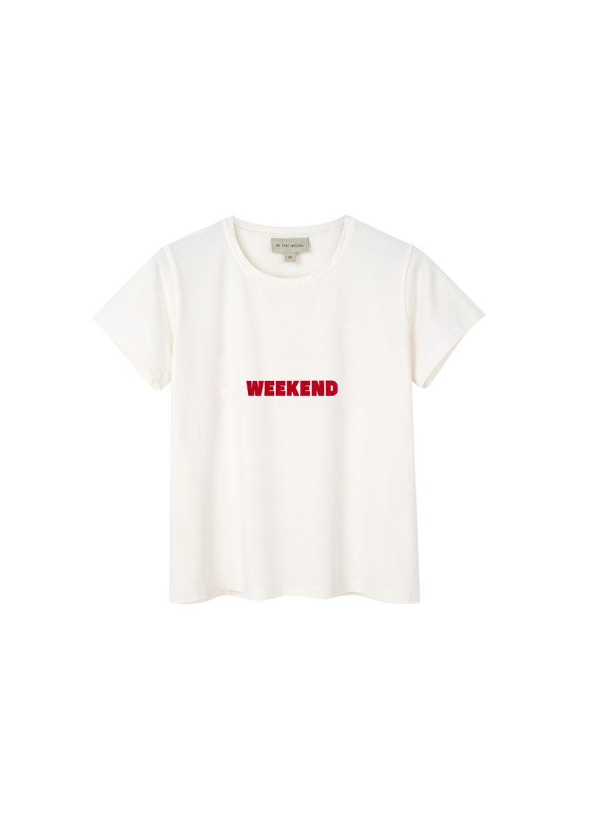 biały, damski t-shirt, koszulka damska z nadrukiem weekend, fit slim, polska marka, bawełna