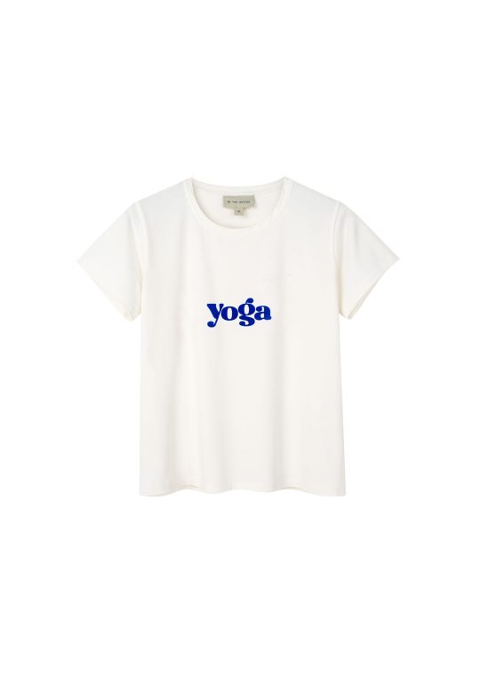 biały damski t-shirt z nadrukiem yoga, joga, na joge, slim, polska marka by the moon, bawełna