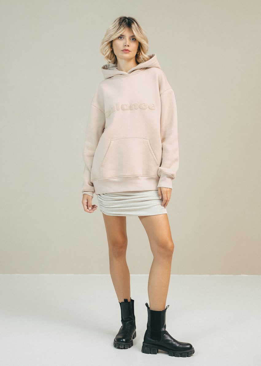 bluza damska kremowa, haft, napis balance, na joge, pilates, z kapturem, ciepła, polska marka