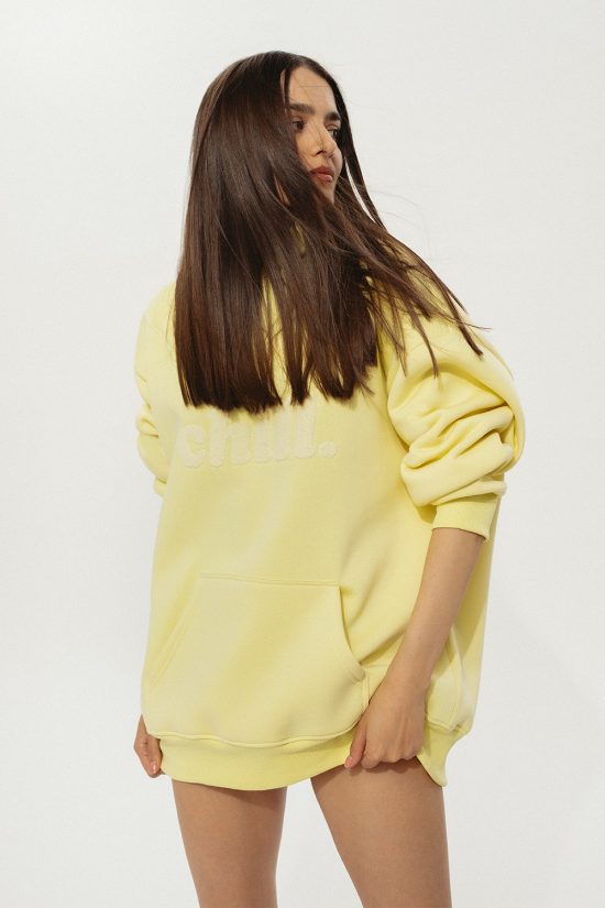bluza bawełniana, damska, z kapturem, kangurka, z haftem chenille chill, oversize