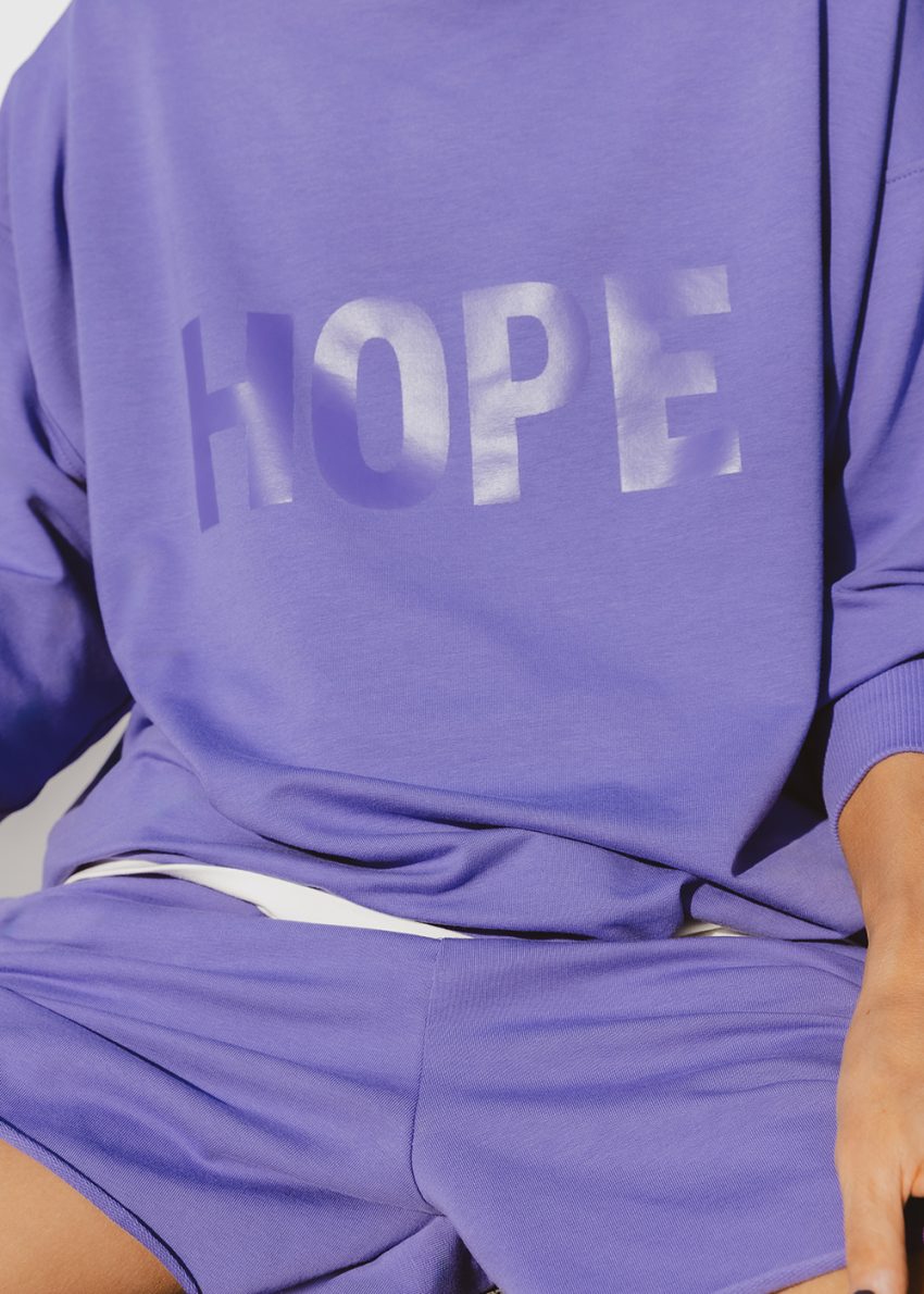 fioletowa bluza, cienka, pętelkowa dzianina, pętelka, bawełna, napis HOPE