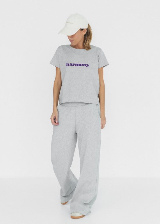 dresy damskie szare, spodnie dresowe, szerokie nogawki, z kieszeniami, cienka dzianina, t-shirt harmony
