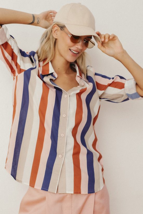 koszula damska w paski rudo granatowe, niebieskie, brązowe, bawełna 100%, polska marka, wyprodukowano w polsce, koszula charlie