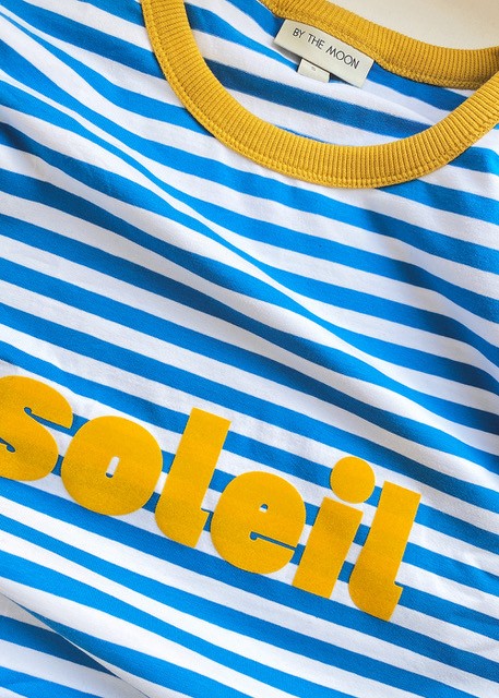 longsleeve, koszulka bluzka z długim rękawem, w niebieskie paski, pasy, błękitne, z napisem soleil, na wakacje, bawełna, polska marka