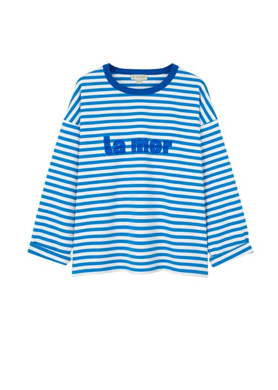 damski longsleeve, bluzka, koszulka z długim rękawem, bawełna, w paseczki, paski niebieskie, niebiesko-białe, z nadrukiem la mer, marynistyczna, polska marka