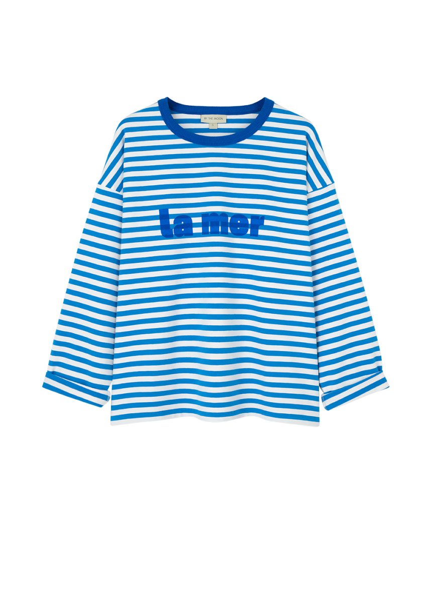 damski longsleeve, bluzka, koszulka z długim rękawem, bawełna, w paseczki, paski niebieskie, niebiesko-białe, z nadrukiem la mer, marynistyczna, polska marka