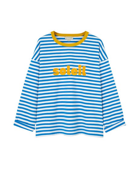 damski longsleeve w paski biało-niebieskie, koszulka, bluzka z długim rękawem, w niebieskie paski, pasy, błękitne, z napisem soleil, na wakacje, bawełna, polska marka