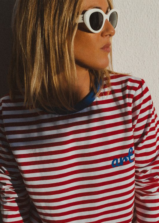 longsleeve damski w czerwone paski, paseczki, art, z nadrukiem, bawełniany, długi rękaw, polska marka