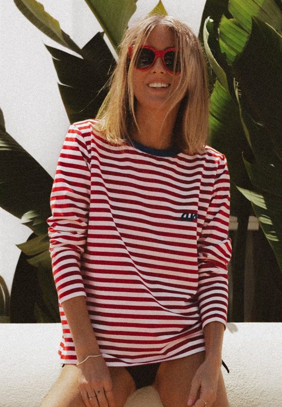 koszulka damska z długim rękawem, damski longsleeve, w czerwone paski, paseczki z nadrukiem serduszka, serce niebieskie