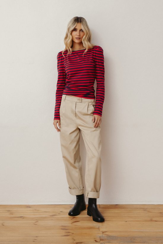 bluzka z dzianiny, bawełniana, obcisła, damska, z marszczeniami, z bufkami, w paski granatowo-czerwone, polska marka, Coquette