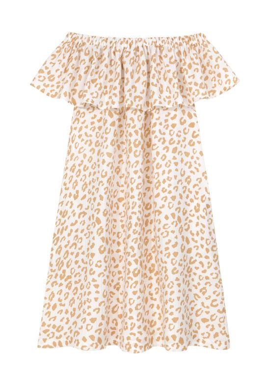 sukienka Golden Leopard Bardot, damska sukienka do kolan, kobieca sukienka, “bardotka”, z kreszowanego batystu, bawełniana, 100% bawełny, z odsłoniętymi ramionami, z dekoltem, a la lata 60, w panterkę, wzór panterkowy, ecru, biała w panterkę
