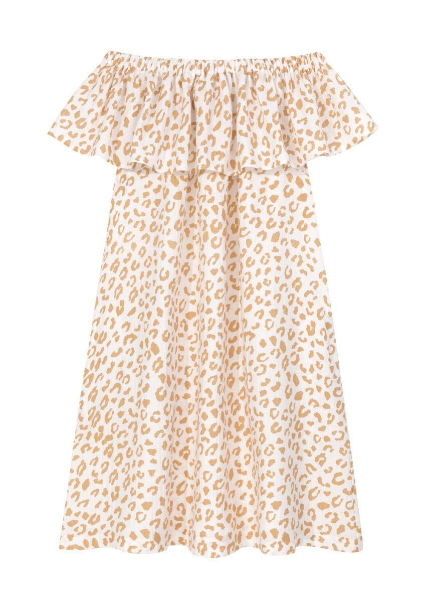sukienka Golden Leopard Bardot, damska sukienka do kolan, kobieca sukienka, “bardotka”, z kreszowanego batystu, bawełniana, 100% bawełny, z odsłoniętymi ramionami, z dekoltem, a la lata 60, w panterkę, wzór panterkowy, ecru, biała w panterkę
