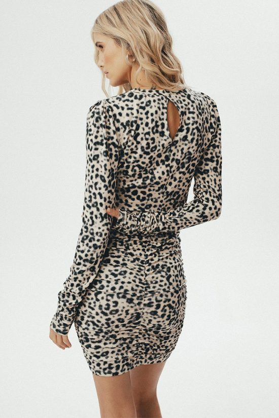 sukienka mini, obcisła, z marszczeniami, panterkowa, w panterka granatową, na impreze, wesele,