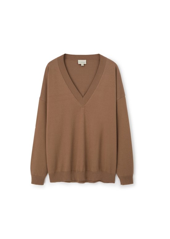 sweter mokka, damski, brązowy, modny, na lato, cienki, w serek, v dekolt, by the moon, bawełna organiczna