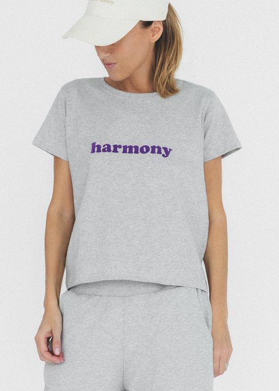szary t-shirt melange, melanżowy, damski, z nadrukiem harmony, sportowy , by the moon
