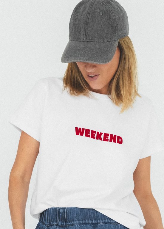 t-shirt damski biały, z nadrukiem weekend, koszulka damska, biała, by the moon