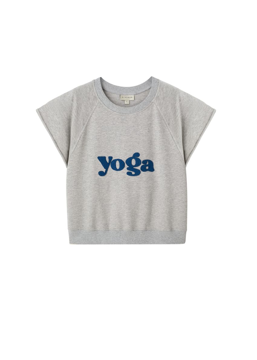 bluza na joge, YOGA, bezrękawnik, top damski szary melanż, melange, bawełniany, bawełna, z haftem joga, by th emoon, polsk amarka