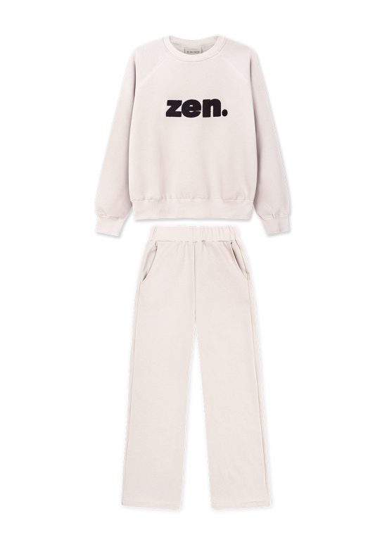 spodnie dresowe i bluza dresowa, komplet dresowy, kremowy, mleczny, zestaw dzianinowy, bawełniany, damski, zen, z haftem, do jogi
