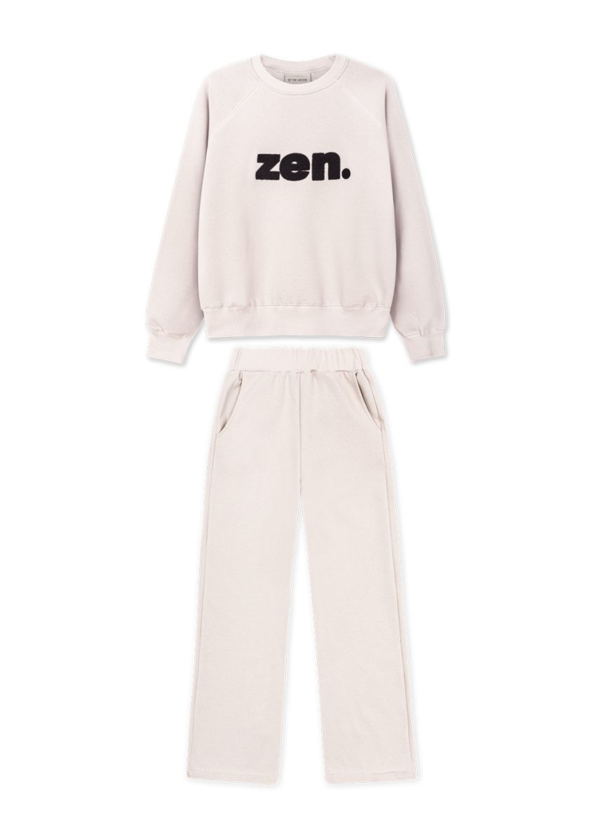 spodnie dresowe i bluza dresowa, komplet dresowy, kremowy, mleczny, zestaw dzianinowy, bawełniany, damski, zen, z haftem, do jogi