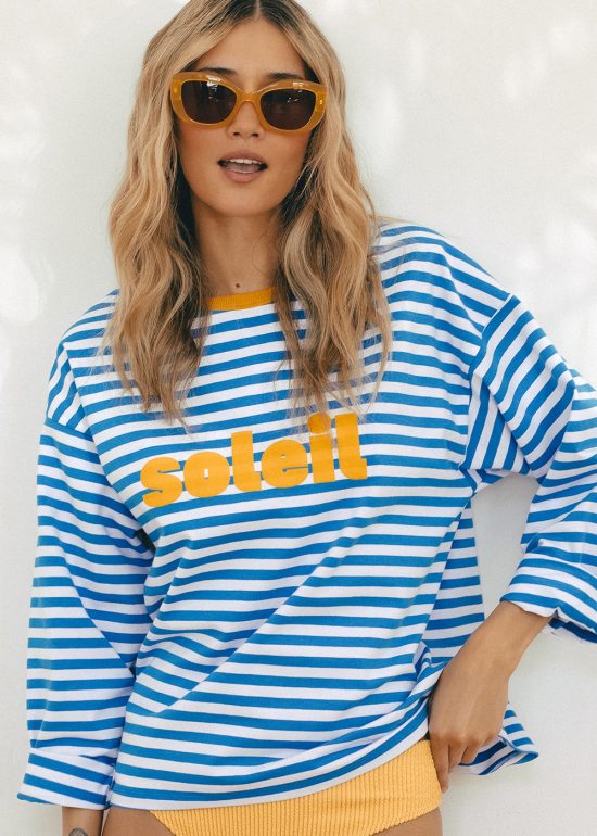 longsleeve oversize soleil, w paski, paseczki niebiesko-białe