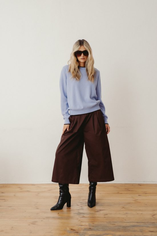 sweter merino niebieski, błekity, kuloty brązowe dark choco, polska marka, uszyte w polsce
