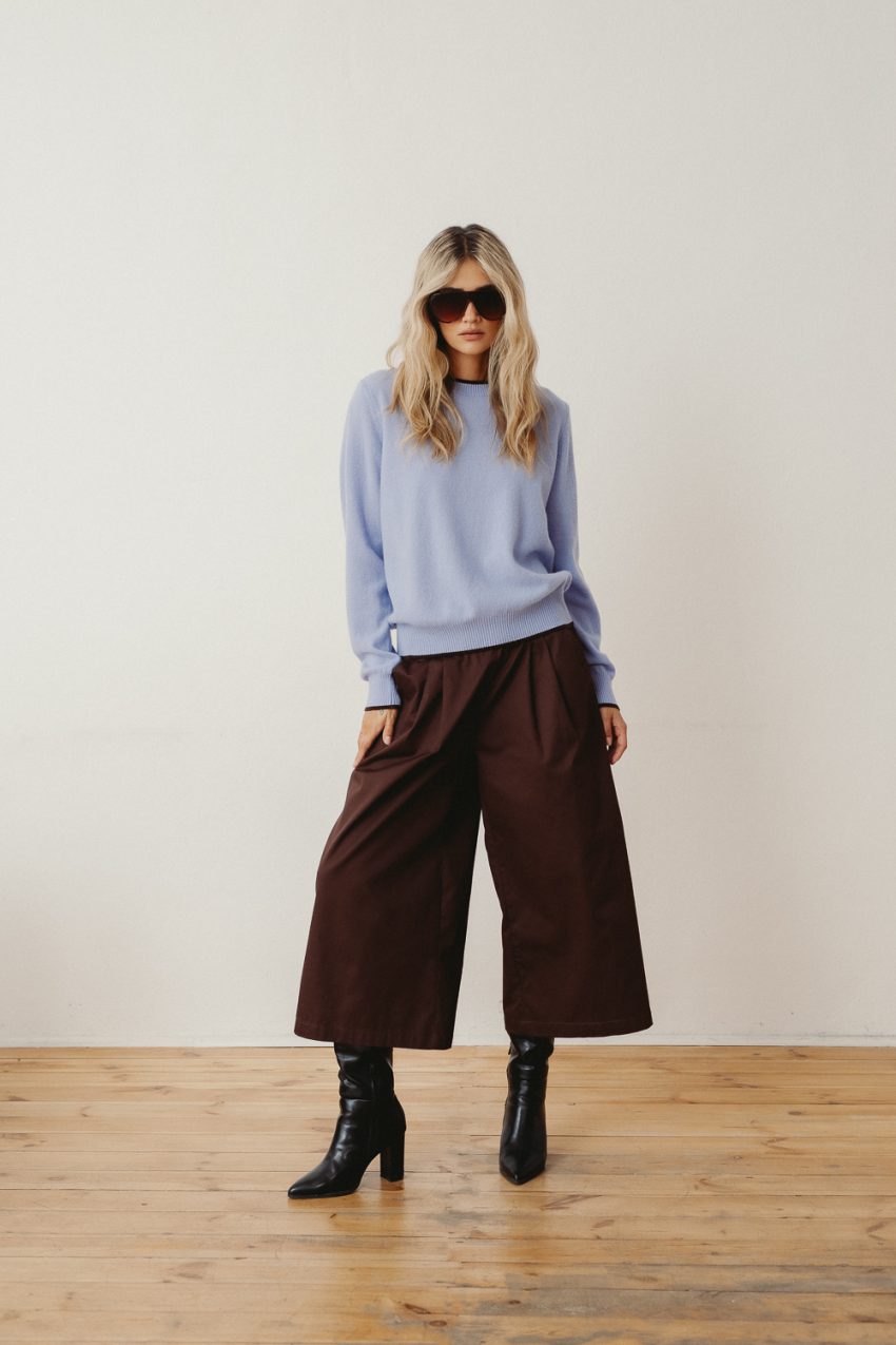 sweter merino niebieski, błekity, kuloty brązowe dark choco, polska marka, uszyte w polsce