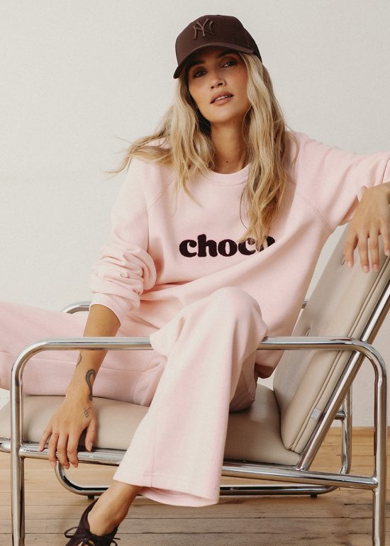 różowa bluza damska, sportowa, pudrowy róz, z haftem, napisem choco, zestaw, komplet dresowy jasno różowy