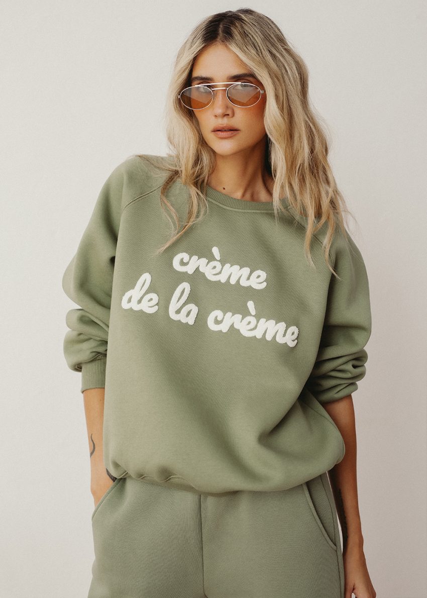 dzianinowa bluza dresowa, bawełniana, z dzianiny, bawełna, khaki, oliwkowa, creme de la creme, z haftem, polska marka