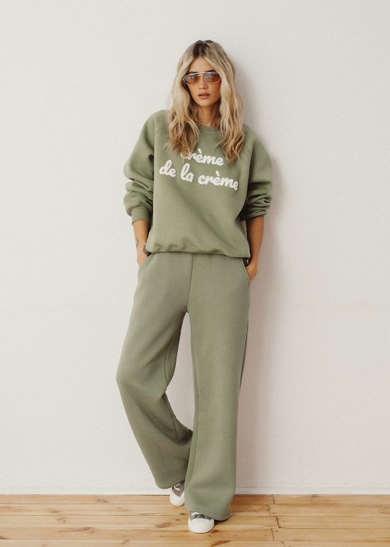 komplet dresowy khaki, zielony, oliwkowy, bluza creme de la creme, damska, zielona, oliwkowa, spodnie dresowe z szeroką nogawką, prostą,