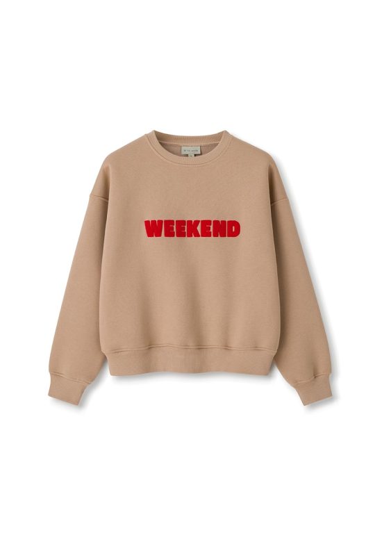 piaskowa, beżowa bluza damska z napisem, haftem Weekend, bawełniana
