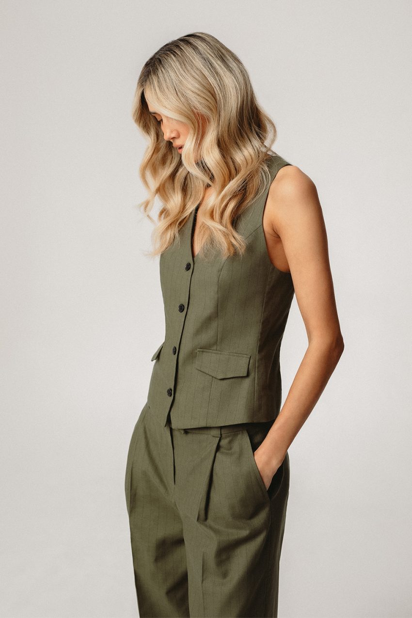kamizelka do garnituru, damska, khaki, oliwkowa, zielona, w prążek, materiał typu tenis,