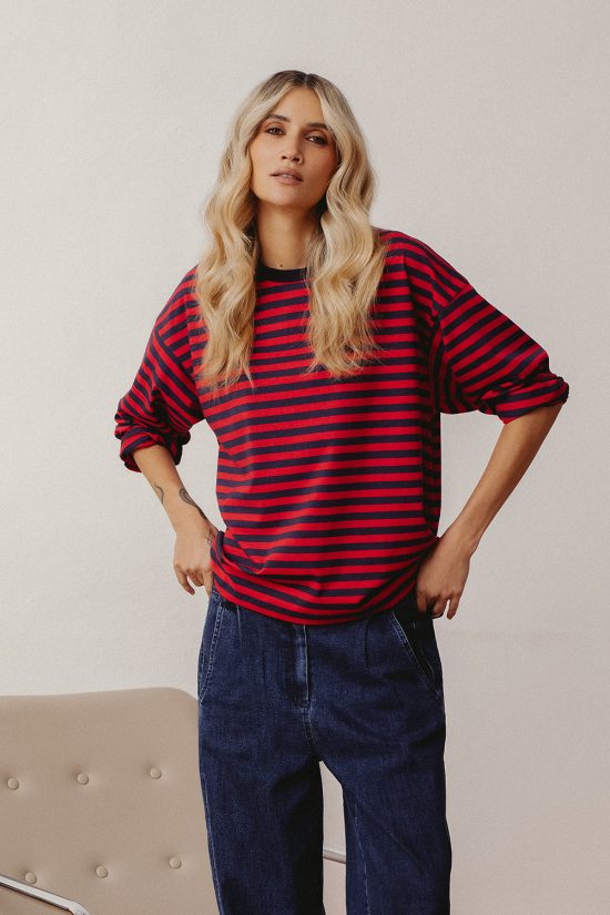 oversizowy longsleeve, bluzka, koszulka damska, oversize, w paski czerwono-granotowe, dzianinowa, bawełniana, polska marka