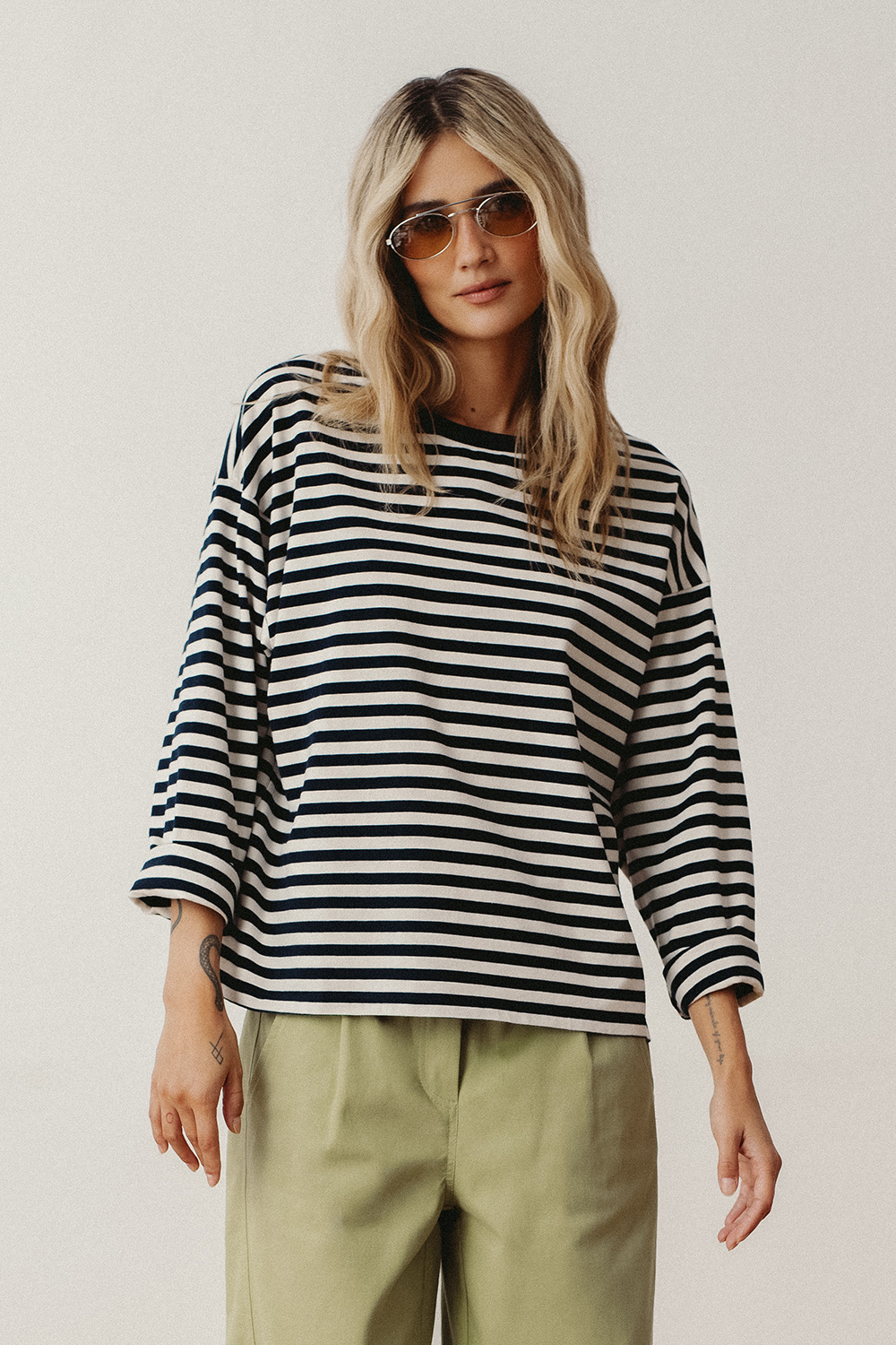 longsleeve Tokyo, w paski granatowe, kremowe, damski, polska marka