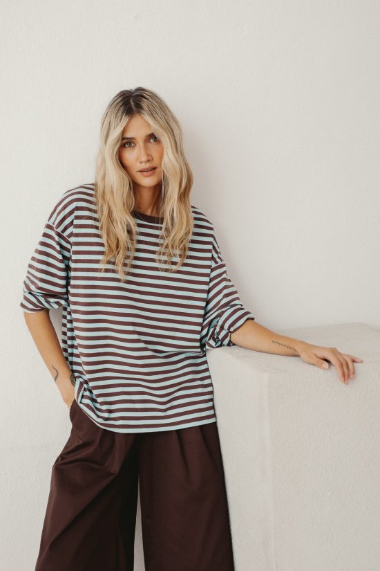 bluzka oversize, longsleeve dasmki w paski brązowo-tirkusowe, luźna