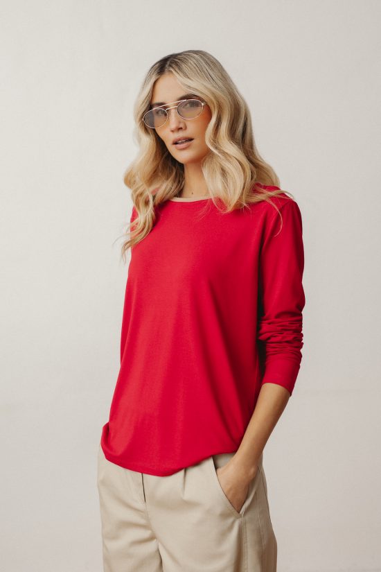 czerwony, karminowy longsleeve damski, bluzka z długim rękawem damska, polska marka, wiskoza
