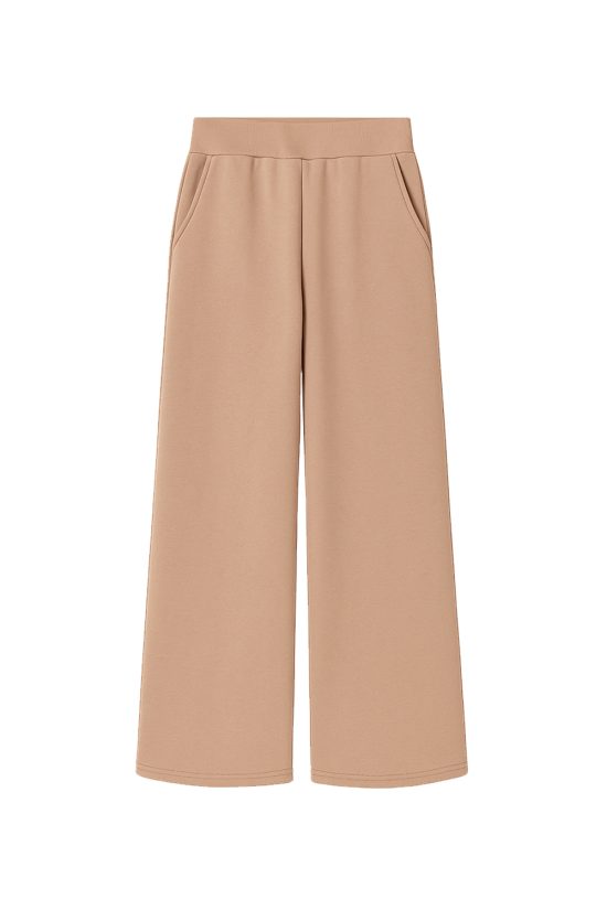 damskie spodnie dresowe, beżowe, piaskowe, camel, relax, z kieszeniami, szerokie, proste nogawki, bawełniane, polska marka