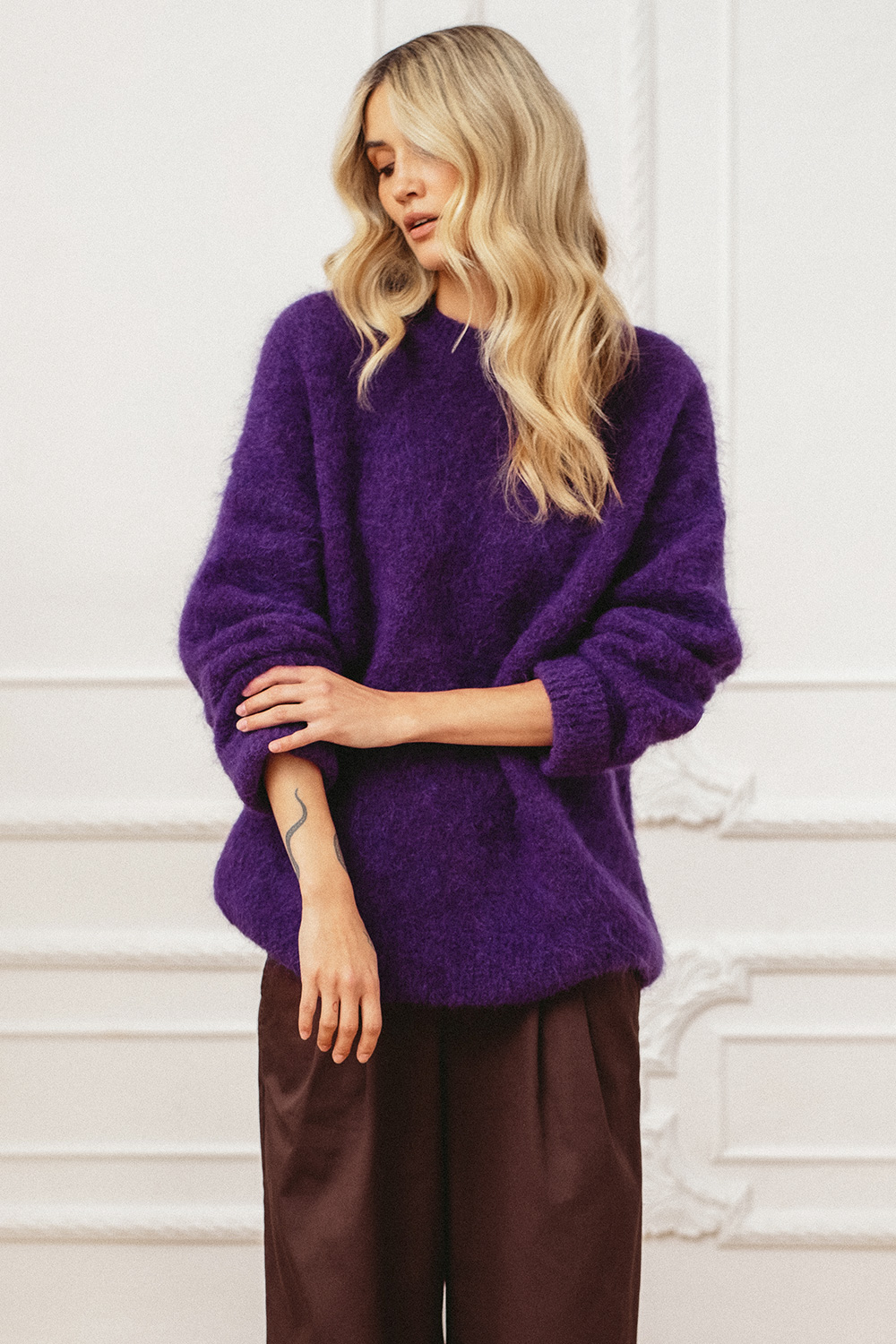 fioletowy sweter wełniany, moherowy, damski, oversize, polska marka