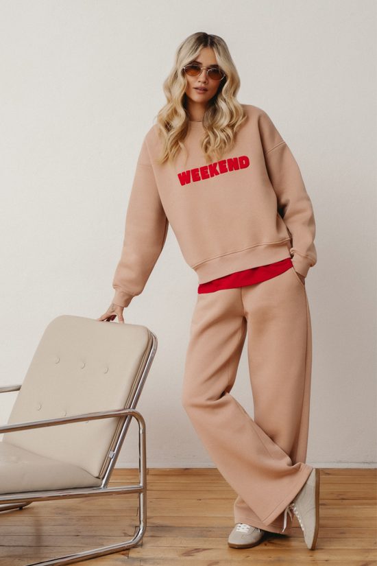 komplet dresowy, dresy damskie, polska marka, beżowa bluza i spodnie dzianinowe, bawęłna, polska marka