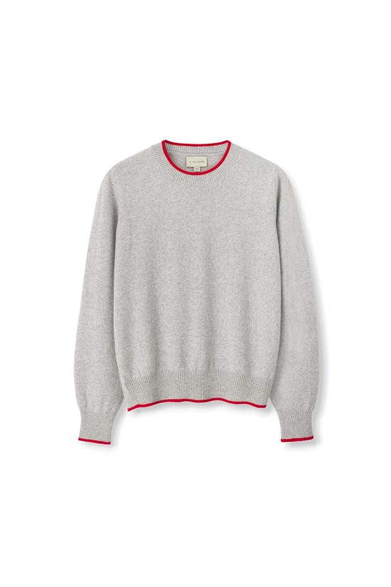 szary sweterek, sweter damski, mały, z czerwona lamówka, 100% merino