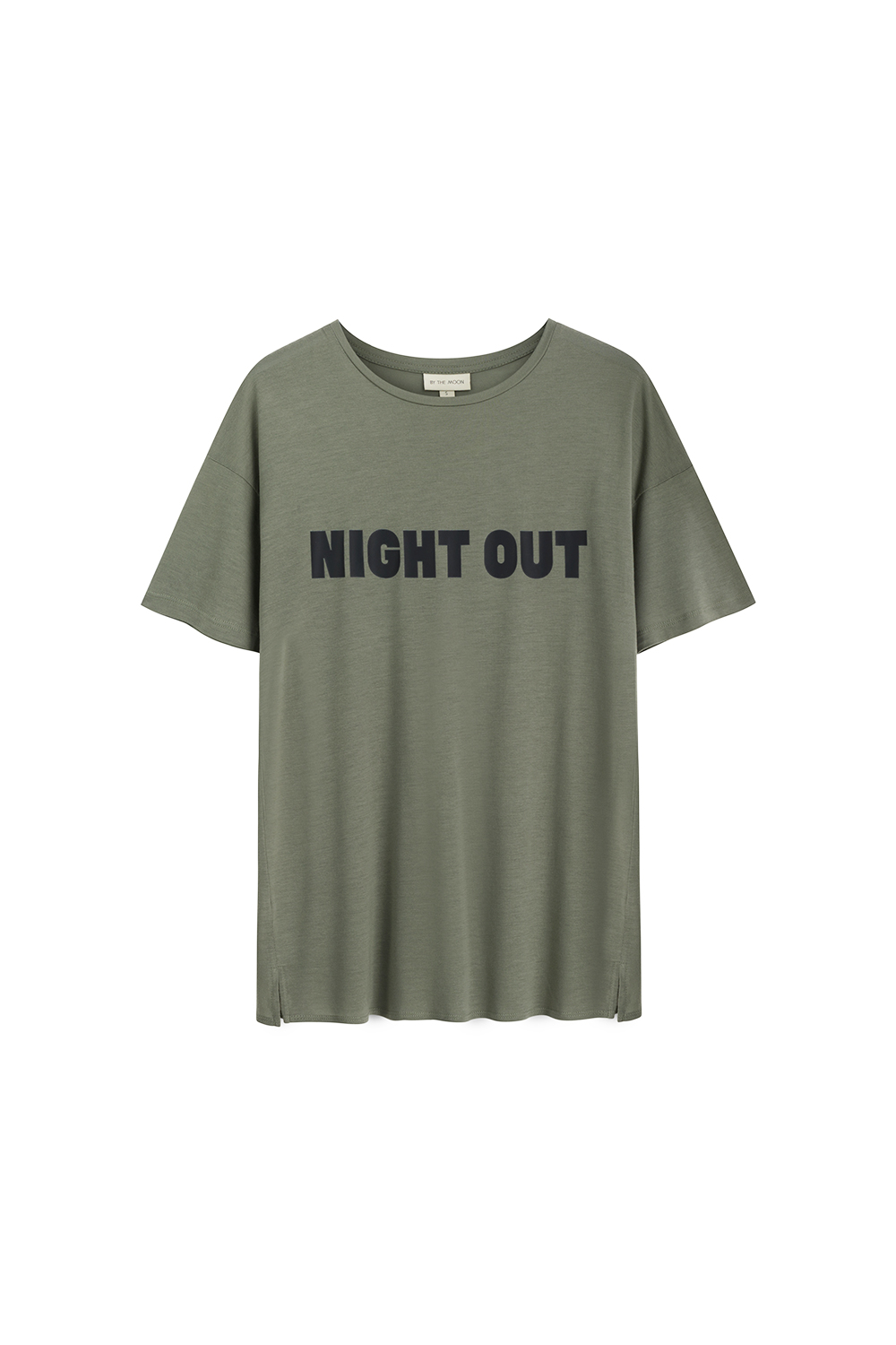 t-shirt damski, oversize, długi, khaki, zielony z napisem Night out, polska marka