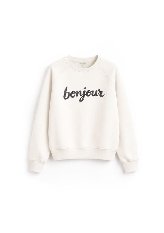 bluza biała, z nadrukiem Bonjour, damska, luźna, bawełniana, polska marka by the moon
