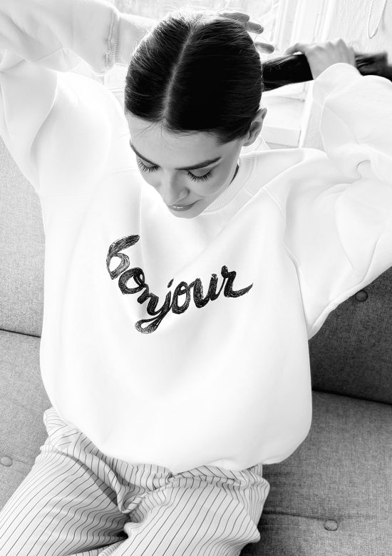 biała bluza bawełniana, damska, z nadrukiem bonjour, jasna, by the moon